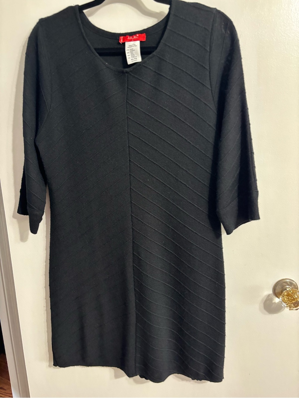 Black Knit V-Neck Midi Dress with Subtle Diagonal Texture